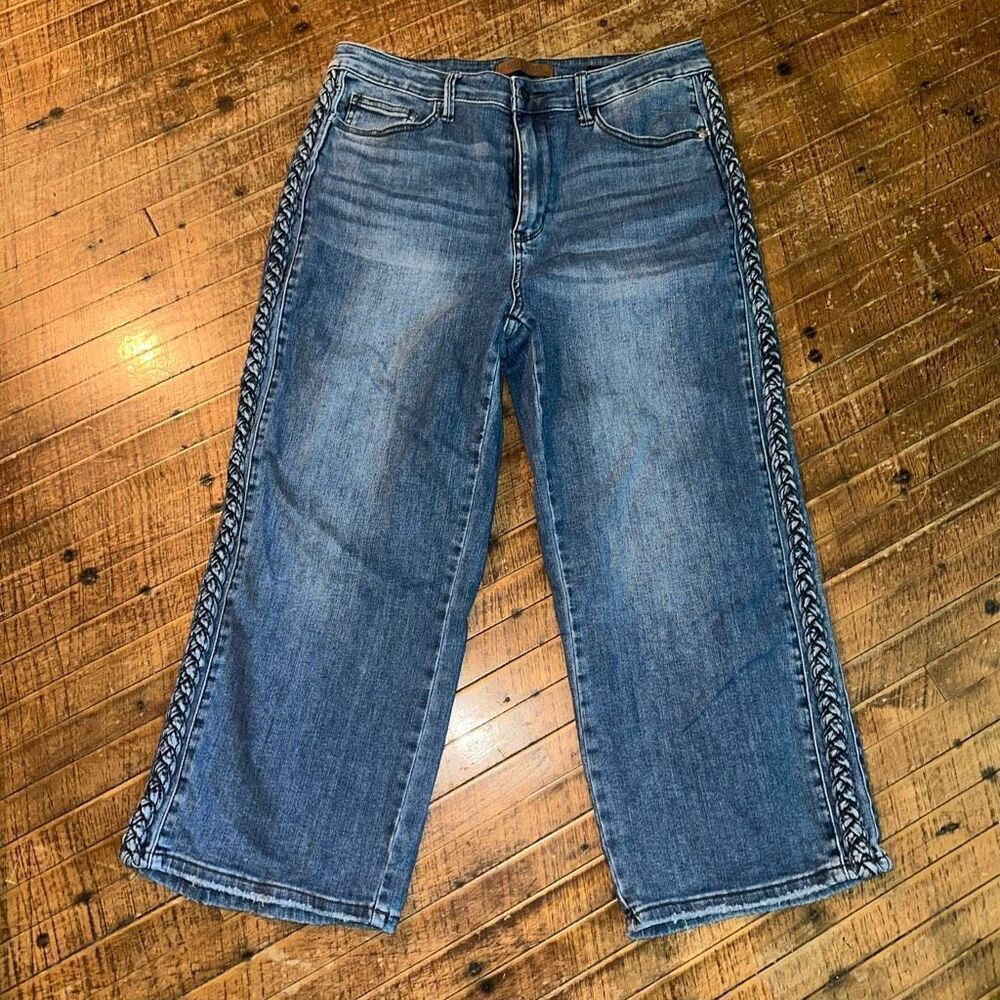 Judy Blue distressed wide leg 15/32 boutique braided trouser jeans